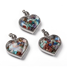 Honeyhandy Glass Bottle Pendants, with Natural Gemstone Chips and Platinum Plated Alloy Findings, Heart, 40x32.5x11mm, Hole: 8x5mm