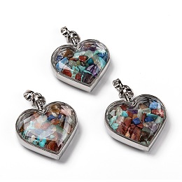 Honeyhandy Glass Bottle Pendants, with Natural Gemstone Chips and Platinum Plated Alloy Findings, Heart, 40x32.5x11mm, Hole: 8x5mm