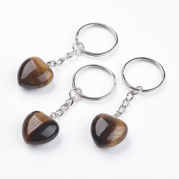 Honeyhandy Natural Tiger Eye Keychain, with Platinum Iron Findings, Heart, 72mm