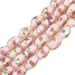 Honeyhandy Handmade Silver Foil Glass Lampwork Beads, Oval with Flower, Pink, 16~17x9~11mm, Hole: 1.5~2mm