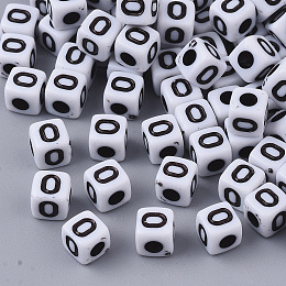 Honeyhandy White Opaque Acrylic Beads, Horizontal Hole, Cube with Black Alphabet, Letter.O, 4~5x4~5x4~5mm, Hole: 1.8mm, about 240pcs/20g