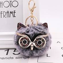 Honeyhandy Pom Pom Ball Keychain, with KC Gold Tone Plated Alloy Lobster Claw Clasps, Iron Key Ring and Chain, Owl, Dark Gray, 12cm