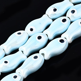 Honeyhandy Handmade Porcelain Ceramic Beads Strands, Bright Glazed Porcelain, Fish, Light Cyan, 19x10x8mm, Hole: 1.5mm, about 17pcs/strand, 12.40 inch(31.5cm)