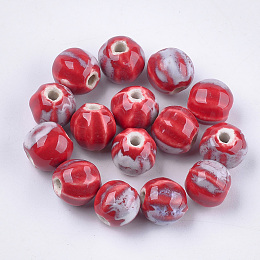 Honeyhandy Handmade Porcelain Beads, Fancy Antique Glazed Porcelain, Round, Red, 11~12x10~11x10~10.5mm, Hole: 2~2.5mm