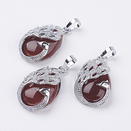 Honeyhandy Natural Carnelian Pendants, with Brass Finding, Teardrop with Peacock, Platinum, 33x20x10.5mm, Hole: 5x6.5mm