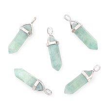 Honeyhandy Natural Fluorite Double Terminated Pointed Pendants, with Random Alloy Pendant Hexagon Bead Cap Bails, Bullet, Platinum, 37~40x12mm, Hole: 3mm