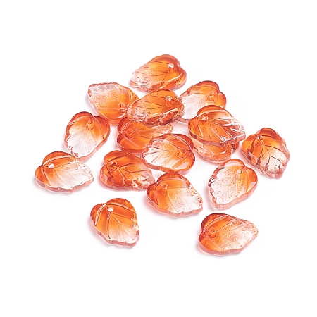 Honeyhandy Autumn Theme Two-Tone Transparent Glass Charms, Leaf, Dark Orange, 13.5x10.5x3.5mm, Hole: 1.2mm