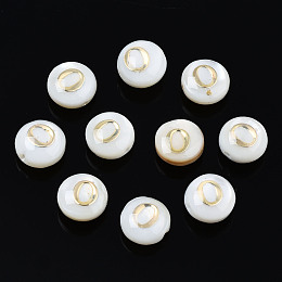 Honeyhandy Natural Freshwater Shell Beads, with Golden Plated Brass Etched Metal Embellishments, Flat Round with Letter, Seashell Color, Letter.O, 6x4mm, Hole: 0.8mm