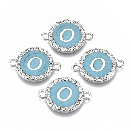 ARRICRAFT Alloy Enamel Links Connectors, with Crystal Rhinestones, Flat Round with Letter, Silver Color Plated, Letter.O, 22x16x2mm, Hole: 1.8mm