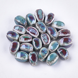 Honeyhandy Handmade Porcelain Beads, Fancy Antique Glazed Porcelain, Oval, Colorful, 12~14x9~10.5x9~11mm, Hole: 2.5mm