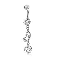 Honeyhandy Piercing Jewelry, Brass Cubic Zirciona Navel Ring, Belly Rings, with 304 Stainless Steel Bar, Lead Free & Cadmium Free, Heart, Clear, 48.5mm, Pendant: 26.5x8mm, Bar: 14 Gauge(1.6mm), Bar Length: 3/8"(10mm)