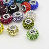 Honeyhandy Resin Rhinestone European Beads, Large Hole Beads, Rondelle, Platinum Metal Color, Mixed Color, 15x10mm, Hole: 5mm