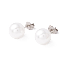 Honeyhandy 6 Pair Shell Pearl Round Ball Stud Earrings, 304 Stainless Steel Post Earrings for Women, White, Stainless Steel Color, 22x10mm, Pin: 1mm