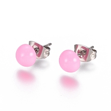 Honeyhandy Spray Paint 304 Stainless Steel Stud Earrings, with Earring Backs, Half Round, Pearl Pink, 6x3mm, Pin: 0.8mm