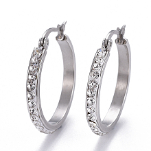 Honeyhandy 304 Stainless Steel Hoop Earrings, with Polymer Clay Rhinestone, Crystal, Stainless Steel Color, 27x27x3mm, Pin: 0.7x1mm