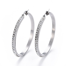 Honeyhandy 304 Stainless Steel Big Hoop Earrings, with Polymer Clay Rhinestone, Crystal, Stainless Steel Color, 47x46x3mm, Pin: 0.7x1mm