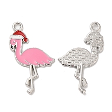 Honeyhandy Christmas Alloy Enamel Pendants, Long-Lasting Plated, with Glitter Powder, Cadmium Free & Nickel Free & Lead Free, Platinum, Flamingo Shape, 30x18x1.4mm, Hole: 1.8mm