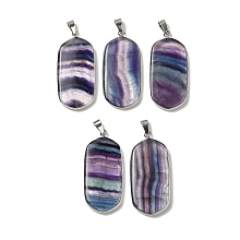 Honeyhandy Natural Fluorite Pendants, Brass Oval Charms, Platinum, 47x22x4.5mm, Hole: 7.5x4mm