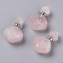 Honeyhandy Rhombus Natural Rose Quartz Perfume Bottle Pendants, with 304 Stainless Steel Findings, Faceted, Stainless Steel Color, 26~27x17~17.5x8~8.5mm, Hole: 1.4mm, Capacity: about 2ml(0.06 fl. oz)