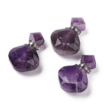 Honeyhandy Rhombus Natural Amethyst Perfume Bottle Pendants, with 304 Stainless Steel Findings, Faceted, Stainless Steel Color, 26~27x17~17.5x8~8.5mm, Hole: 1.4mm, Capacity: about 2ml(0.06 fl. oz)