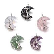 Honeyhandy Natural & Synthetic Mixed Stone Tree of Life Wire Wrapped Pendants, with Brass Findings, Crescent Moon, Platinum, 44~46x26~32x12.5mm, Hole: 6.5x4.5mm