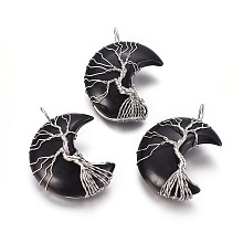 Honeyhandy Natural Obsidian Tree of Life Wire Wrapped Pendants, with Brass Findings, Crescent Moon, Platinum, 44~46x26~32x12.5mm, Hole: 6.5x4.5mm