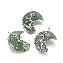 Honeyhandy Natural Green Aventurine Tree of Life Wire Wrapped Pendants, with Brass Findings, Crescent Moon, Platinum, 44~46x26~32x12.5mm, Hole: 6.5x4.5mm