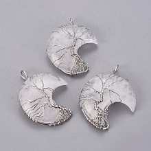 Honeyhandy Natural Quartz Crystal Tree of Life Wire Wrapped Pendants, with Brass Findings, Crescent Moon, Platinum, 44~46x26~32x12.5mm, Hole: 6.5x4.5mm