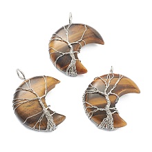 Honeyhandy Natural Tiger Eye Tree of Life Wire Wrapped Pendants, with Platinum Brass Findings, Crescent Moon, 43~47x31~35x11~13mm, Hole: 4~5mm