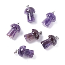 Honeyhandy Natural Amethyst Pendants, with Platinum Tone Brass Findings, Mushroom , 29.5x14mm, Hole: 2.4mm