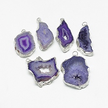 Honeyhandy Natural Druzy Agate Pendants, with Platinum Tone Iron Findings, Dyed, Nuggets, Medium Slate Blue, 20~60x13~50x4~8mm, Hole: 1~4mm