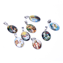 Honeyhandy Jesus & Virgin Mary Theme Glass Pendants, with 201 Stainless Steel Findings, Oval, Mixed Color, 29.5x18.5x5~6mm, Hole: 4x6mm