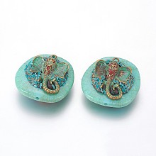 Honeyhandy Handmade Indonesia Beads, with Resin and Brass Findings, Flat Round with Indian Elephant, Unplated, Medium Turquoise, 35.5x36x15mm, Hole: 2mm