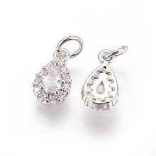 Honeyhandy Brass Cubic Zirconia Charms, teardrop, Platinum, Clear, 11~11.5x6.5x4mm, Hole: 3mm