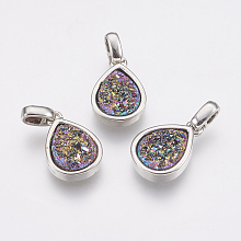 Honeyhandy Natural Druzy Agate Pendants, with Brass Finding, teardrop, Platinum, Colorful, 14.5x10x3~4mm, Hole: 2x2.5mm