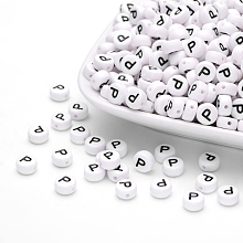 Honeyhandy Acrylic Beads, with Horizontal Hole, Letter, Flat Round, Letter.P, 7x4mm, Hole: 1mm, about 3500pcs/500g