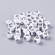 Honeyhandy Acrylic Horizontal Hole Letter Beads, Cube, White, Letter P, Size: about 6mm wide, 6mm long, 6mm high, hole: about 3.2mm, about 2600pcs/500g