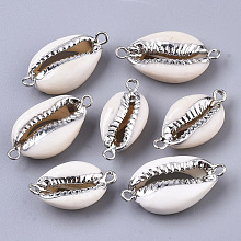 Honeyhandy Electroplate Cowrie Shell Links connectors, with Iron Findings, Platinum, 21~27x10~14x6mm, Hole: 1.5mm