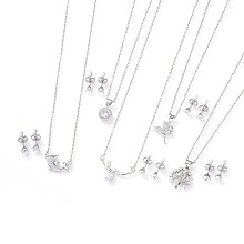 Honeyhandy 304 Stainless Steel Jewelry Sets, Brass Micro Pave Cubic Zirconia Pendant Necklaces and 304 Stainless Steel Stud Earrings, with Ear Nuts/Earring Back, Mixed Shapes, Stainless Steel Color, 17.3~18.8 inch(44~48cm), 5.5x4mm, Pin: 0.8mm