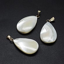 Shell Pendants, with Brass Findings, teardrop, Platinum, 27~28x15~17x3~5mm, Hole: 2x5mm