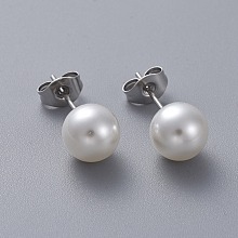 Honeyhandy Plastic Imitation Pearl Stud Earrings, with 304 Stainless Steel Pins and Ear Nuts, Round Ball, Stainless Steel Color, 8mm, Pin: 0.6mm, 6pairs/card