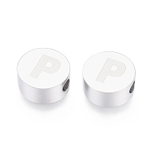 Honeyhandy 304 Stainless Steel Beads, Flat Round with Letter, Letter.P, 10x4.5mm, Hole: 2mm