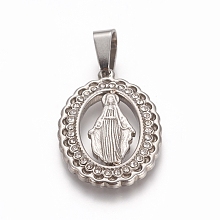 Honeyhandy Religion Theme 304 Stainless Steel Pendants, with Crystal Rhinestone, Oval with Virgin Mary, Stainless Steel Color, 25x17x2mm, Hole: 7x4mm