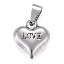 Honeyhandy Valentine's Day 201 Stainless Steel Charms, Heart with Word Love, Stainless Steel Color, 13x11.5x4mm, Hole: 4.5x3mm