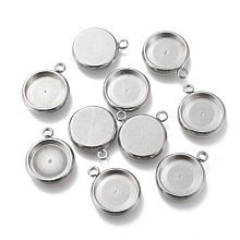 Honeyhandy 304 Stainless Steel Pendant Cabochon Settings, Flat Round, Stainless Steel Color, Tray: 10mm, 15x12x3mm, Hole: 1.8mm