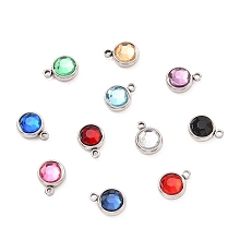 Honeyhandy 304 Stainless Steel Charms, with Acrylic Rhinestone, Birthstone Charms, Faceted, Flat Round, Stainless Steel Color, Mixed Color, 10x8x4mm, Hole: 1.3mm