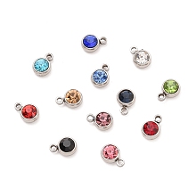 Honeyhandy 304 Stainless Steel Charms, with Acrylic Rhinestone, Birthstone Charms, Faceted, Flat Round, Stainless Steel Color, Mixed Color, 8.2x6x3.5mm, Hole: 1.2mm