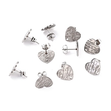 Honeyhandy 304 Stainless Steel Stud Earring Findings, with Ear Nuts, Textured Heart, Stainless Steel Color, 12x13mm, Hole: 1.5mm, Pin: 0.7mm