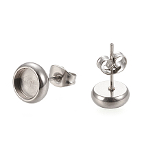 Honeyhandy 304 Stainless Steel Stud Earring Settings, with Ear Nuts, Flat Round, Stainless Steel Color, 8.5mm, Pin: 0.8mm, Tray: 6mm