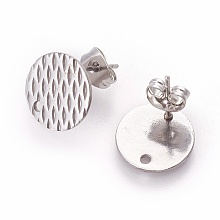 Honeyhandy 304 Stainless Steel Ear Stud Findings, Textured Flat Round with Pineapple Grain, Stainless Steel Color, 12mm, Hole: 1.2mm, Pin: 0.8mm